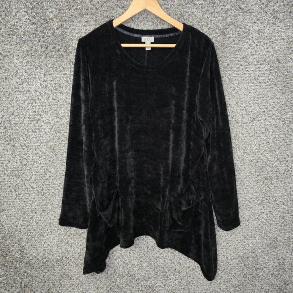 LOGO Lori Goldstein Top Womens Medium Black Chenille Sharkbite Hem Sweater‎